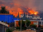 Lava flows behind houses on Canary Islands in Spain. (REUTERS/Borja Suarez)