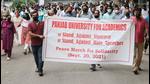 Faculty members, employees and students of Panjab University taking out a peace march on the campus on Monday. (HT Photo) Faculty members, employees and students of Panjab University taking out a peace march on the campus on Monday. (HT Photo)