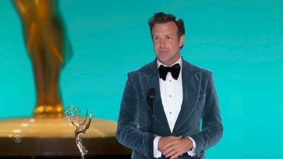 In this video grab issued Sunday, Sept. 19, 2021, by the Television Academy, Jason Sudeikis accepts the award for outstanding lead actor in a comedy series for "Ted Lasso" during the Primetime Emmy Awards. (Television Academy via AP) (AP) In this video grab issued Sunday, Sept. 19, 2021, by the Television Academy, Jason Sudeikis accepts the award for outstanding lead actor in a comedy series for "Ted Lasso" during the Primetime Emmy Awards. (Television Academy via AP) (AP)