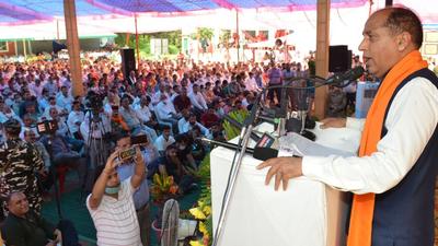 HP chief minister Jai Ram Thakur addressing a public meeting at Balh in Mandi on Monday. (Birbal Sharma/HT) HP chief minister Jai Ram Thakur addressing a public meeting at Balh in Mandi on Monday. (Birbal Sharma/HT)