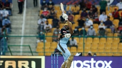Devdutt Padikkal hitting a shot, (IPL)