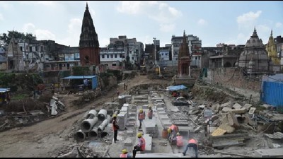 Construction work at the Kashi Vishwanath corridor project site in Varanasi. (HT file photo)