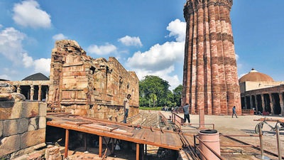 The ramps are being built over the existing stairways, which will no longer be accessible to any visitor. (Sanjeev Verma/HT PHOTO)