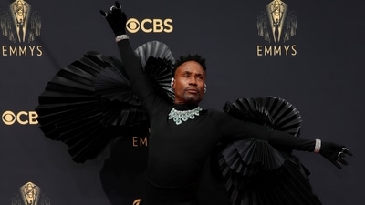Billy Porter rocked a black jumpsuit with mega-ruffled sleeves at the 73rd Primetime Emmy Awards in Los Angeles. He accessorized the all-black look with jewels by Lorraine Schwartz, including a massive diamond and emerald necklace, two diamond bracelets, several rings and ear cuffs. (REUTERS)
