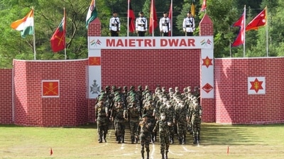 The battalions of Indian and Nepali Army march near the border between the two countries at Pithoragarh in Uttarakhand on Monday. &nbsp; (Twitter/ANI)