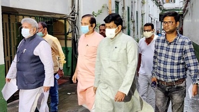 Sukanta Majumdar (centre) is BJP's sitting MP from Balurghat constituency in West Bengal.&nbsp; (File photo)