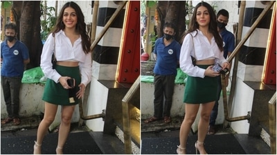 Flaunting her toned midriff, Alaya chose a white collared crop top with button-up details and front patch pockets for the outing. The top also featured full sleeves and wide collars.&nbsp; (HT Photo/Varinder Chawla)