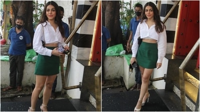 Alaya F was snapped by the paparazzi in Mumbai today. She posed outside the restaurant, where she arrived on a lunch date and looked stunning in her glamorous outfit.&nbsp; (HT Photo/Varinder Chawla)
