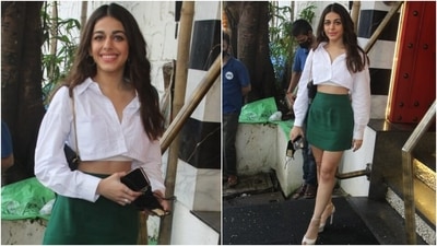 Alaya kept her long locks open in a middle-parting with the glamorous look. A nude pink lip shade, sleek eyeliner, blushed cheeks, fuller eyebrows, mascara-laden lashes, and glowing skin completed her make-up.&nbsp; (HT Photo/Varinder Chawla)