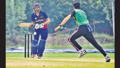 Players in action during the Punjab state inter-district cricket tournament being played at GRD Academy in Ludhiana on Monday. (Gurpreet Singh/HT)