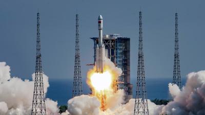 The Long March-7 Y4 carrier rocket, carrying the Tianzhou-3 cargo spacecraft with supplies for China’s under-construction space station, takes off from Wenchang Spacecraft Launch Center in Wenchang, Hainan province. (REUTERS) The Long March-7 Y4 carrier rocket, carrying the Tianzhou-3 cargo spacecraft with supplies for China’s under-construction space station, takes off from Wenchang Spacecraft Launch Center in Wenchang, Hainan province. (REUTERS)