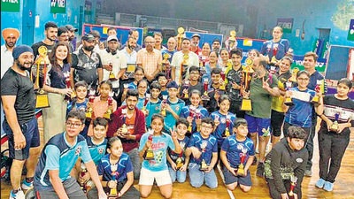 Winners of the district-level table tennis championship at Shastri Hall in Ludhiana on Monday. (HT PHOTO)