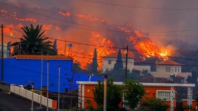 Lava flows behind houses on Canary Islands in Spain. (REUTERS/Borja Suarez)