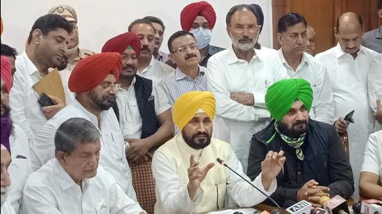 Punjab chief minister Charanjit Singh Channi addresses the media after the oath-taking ceremony at Punjab Bhawan in Chandigarh, Monday. (PTI Photo) Punjab chief minister Charanjit Singh Channi addresses the media after the oath-taking ceremony at Punjab Bhawan in Chandigarh, Monday. (PTI Photo)