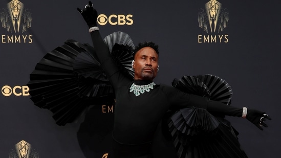 Billy Porter rocked a black jumpsuit with mega-ruffled sleeves at the 73rd Primetime Emmy Awards in Los Angeles. He accessorized the all-black look with jewels by Lorraine Schwartz, including a massive diamond and emerald necklace, two diamond bracelets, several rings and ear cuffs.(REUTERS)