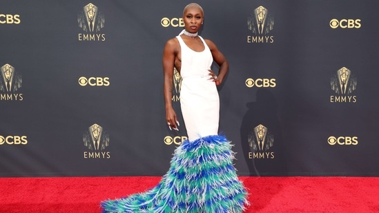 Cynthia Erivo attended the 73rd Primetime Emmy Awards in a white leather Louis Vuitton gown, featuring a thin white waist belt and hand-embroidered blue-green, royal blue and white feathers at the bottom. (AFP)