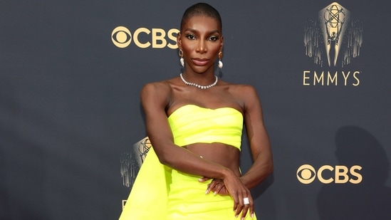 Michaela Coel, winner of Outstanding Writing for a Limited or Anthology Series or Movie for the brilliant I May Destroy You, wore a neon yellow Christopher John Rogers two-piece dress. The custom look was composed of an ankle-length column skirt in cotton twill and a neon bralette top.(AFP)