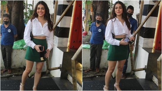 Flaunting her toned midriff, Alaya chose a white collared crop top with button-up details and front patch pockets for the outing. The top also featured full sleeves and wide collars.&nbsp;(HT Photo/Varinder Chawla)