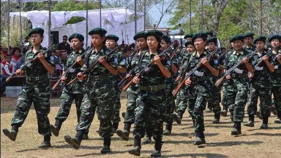 Women Arms wing of the NSCN-IM march during the Naga Republic Day celebrations at the council headquarters in Hebron, some 35 kms away from Dimapur, on March 21, 2014. Women Arms wing of the NSCN-IM march during the Naga Republic Day celebrations at the council headquarters in Hebron, some 35 kms away from Dimapur, on March 21, 2014.