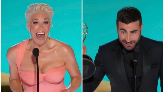 Hannah Waddingham and Brett Goldstein won Emmy Awards for their performances in Ted Lasso.(Television Academy via AP)