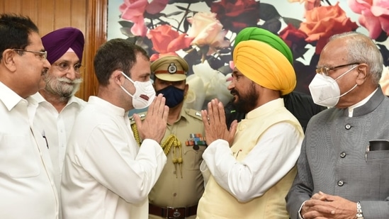 Charanjit Singh Channi (right), who took oath as the chief minister of Punjab on Monday, seen here with Congress leader Rahul Gandhi (left). (Ravi Kumar/HT Photo)