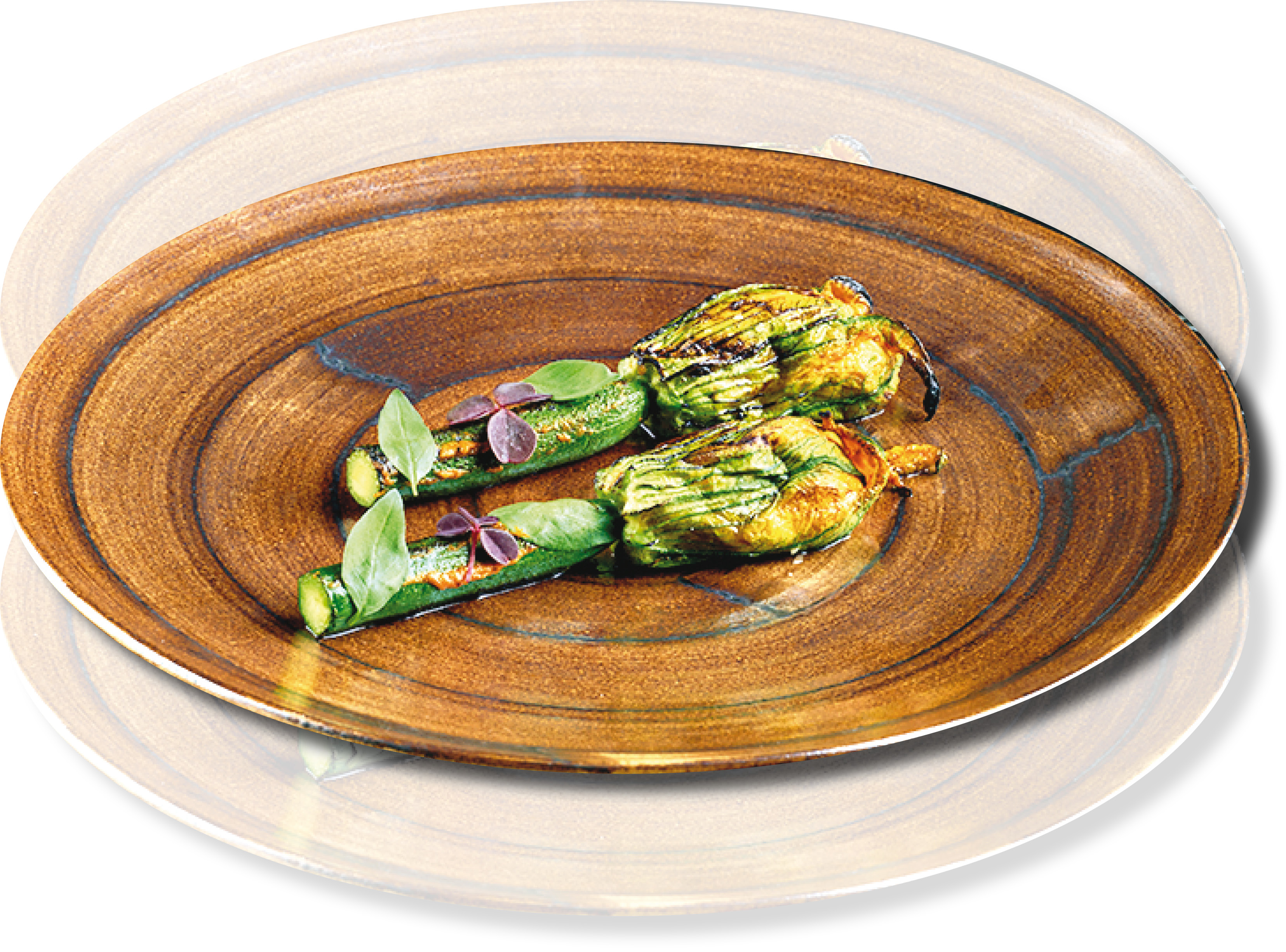 Stuffed courgette flowers (stuffed with creamy cottage cheese and finished with spiced tomato relish), are a Revolver speciality