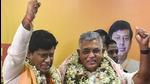 BJP’s Bengal president Sukanta Majumdar (L) with Dilip Ghosh during a felicitation at BJP Party office in Kolkata on Tuesday. (PTI) BJP’s Bengal president Sukanta Majumdar (L) with Dilip Ghosh during a felicitation at BJP Party office in Kolkata on Tuesday. (PTI)