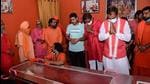 Deputy Chief Minister Keshav Prasad Maurya paying his last respects to Mahant Narendra Giri at Baghambari Math ashram in Prayagraj on Tuesday. (Anil Kumar Maurya/HT photo) Deputy Chief Minister Keshav Prasad Maurya paying his last respects to Mahant Narendra Giri at Baghambari Math ashram in Prayagraj on Tuesday. (Anil Kumar Maurya/HT photo)