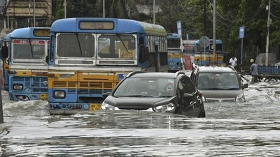Heavy waterlogging has been reported from several areas in Kolkata following incessant rain since Sunday evening. (PTI) Heavy waterlogging has been reported from several areas in Kolkata following incessant rain since Sunday evening. (PTI)