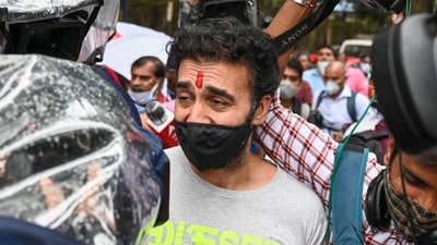 Raj Kundra leaves after being released on bail from a Mumbai jail for allegedly producing and broadcasting pornographic films online.&nbsp; (AFP Photo)
