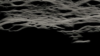 A data visualization showing the mountainous area west of Nobile Crater and the smaller craters that litter its rim at the lunar South Pole. (Nasa) A data visualization showing the mountainous area west of Nobile Crater and the smaller craters that litter its rim at the lunar South Pole. (Nasa)