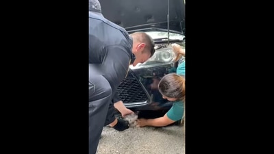 The officers helping the the kitten out of the engine. &nbsp; (Facebook/Town of Ramapo Police Department)