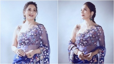 Madhuri Dixit in ₹1.8 lakh floral saree and bustier is ethereal beyond words, all pics (Instagram/@madhuridixtinene) Madhuri Dixit in ₹1.8 lakh floral saree and bustier is ethereal beyond words, all pics (Instagram/@madhuridixtinene)