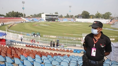 A security forces personnel is seen in the cricket stadium following the cancellation of cricket series between Pakistan and New Zealand. (Getty) A security forces personnel is seen in the cricket stadium following the cancellation of cricket series between Pakistan and New Zealand. (Getty)