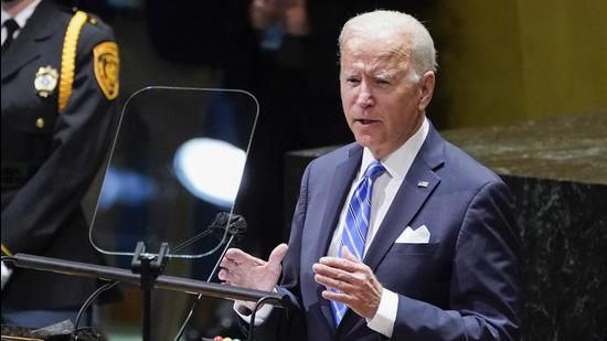 US President Joe Biden delivers a speech at the 76th UNGA on Tuesday. In his remarks, Biden underlined the importance of the Quad, while he asked UN members to jointly combat Covid-19 and climate change. (AP)