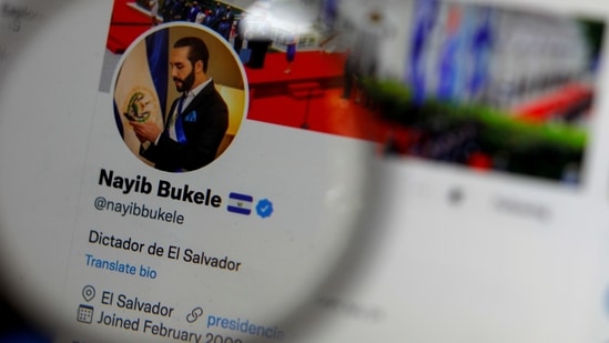 The twitter profile of El Salvador's President Nayib Bukele reading 'Dictator of El Salvador' is seen on a computer screen in this photo illustration.(Reuters)