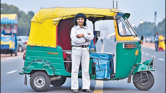 Sunita Chaudhary, Delhi’s first and currently the only woman auto driver, said she applied for a permit for an e-auto. (Hindustan Times)