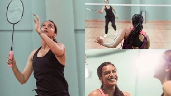 Deepika Padukone recently took to her Instagram handle to share a few pictures of herself playing badminton with PV Sindhu. Check out the photos here.(Instagram/@deepikapadukone)
