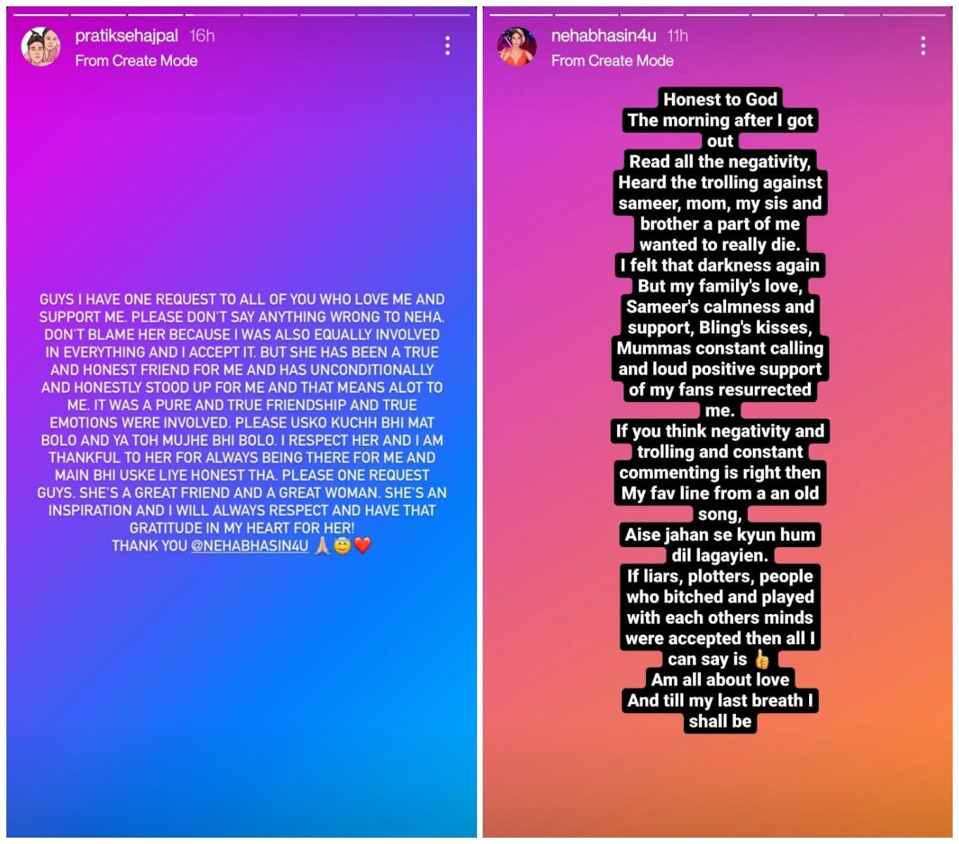 Pratik Sehajpal and Neha Bhasin shared messages on Instagram Stories.