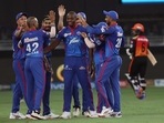 UAE, Sept 22 Kagiso Rabada of Delhi Capitals celebrates the wicket of Wriddhiman Saha of Sunrisers Hyderabad during Vivo IPL match between the Sunrisers Hyderabad and the Delhi Capitals, at the Dubai International Stadium, in Dubai on Wednesday. (ANI)
