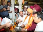 Punjab chief minister Charanjit Channi with Navjot Sidhu at Golden temple in Amritsar on Wednesday.