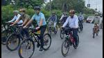 Faridabad district officials cycle to their office, instead of using motorised vehicles, on Wednesday. Faridabad district officials cycle to their office, instead of using motorised vehicles, on Wednesday.