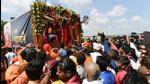 Nagar Yatra of the mortal remains of Mahant Narendra Giri, former Akhil Bharatiya Akhara Parishad chief, before the funeral in Prayagraj, Uttar Pradesh on Wednesday. (ANI) Nagar Yatra of the mortal remains of Mahant Narendra Giri, former Akhil Bharatiya Akhara Parishad chief, before the funeral in Prayagraj, Uttar Pradesh on Wednesday. (ANI)