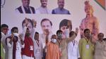 Uttar Pradesh chief minister Yogi Adityanath waves at a gathering after inaugurating a 15-foot statue of the ninth-century ruler at Mihir Bhoj Degree College in Dadri on Wednesday. (Sunil Ghosh/HT photo) Uttar Pradesh chief minister Yogi Adityanath waves at a gathering after inaugurating a 15-foot statue of the ninth-century ruler at Mihir Bhoj Degree College in Dadri on Wednesday. (Sunil Ghosh/HT photo)