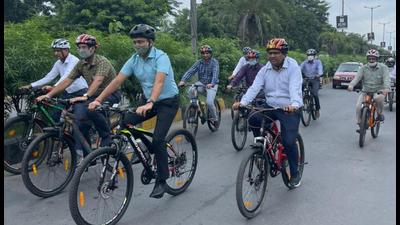 Faridabad district officials cycle to their office, instead of using motorised vehicles, on Wednesday. Faridabad district officials cycle to their office, instead of using motorised vehicles, on Wednesday.