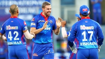 UAE, Sept 22 Anrich Nortje of Delhi Capitals celebrates the wicket of David Warner of Sunrisers Hyderabad during Vivo IPL match between the Sunrisers Hyderabad and the Delhi Capitals, at the Dubai International Stadium, in Dubai on Wednesday. (ANI)