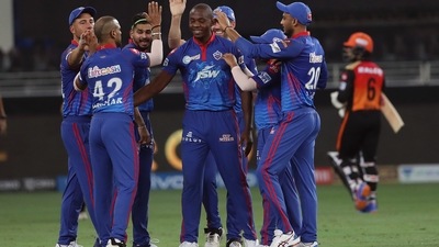 UAE, Sept 22 Kagiso Rabada of Delhi Capitals celebrates the wicket of Wriddhiman Saha of Sunrisers Hyderabad during Vivo IPL match between the Sunrisers Hyderabad and the Delhi Capitals, at the Dubai International Stadium, in Dubai on Wednesday.&nbsp; (ANI)