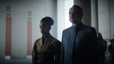Foundation review: Jared Harris and Loe Llobell in a still from the new Apple TV+ show. Foundation review: Jared Harris and Loe Llobell in a still from the new Apple TV+ show.