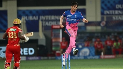 Kartik Tyagi of RR celebrates, (IPL)