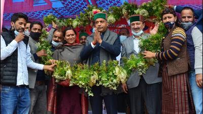 Himachal Pradesh chief minister Jai Ram Thakur during a public meeting at the remote Kwar village in Rohru of Shimla on Wednesday. (HT PHOTO)